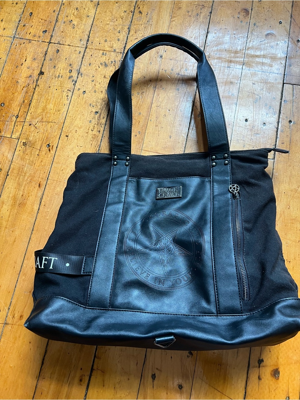 Blackcraft logo pentagram Black Canvas & Faux Leather Tote Bag